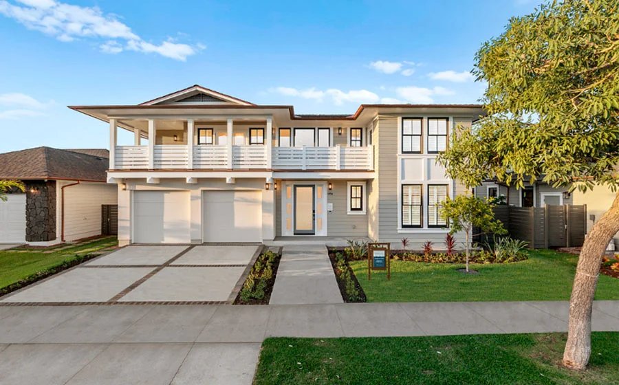 Front exterior of the two-story Pohinahina plan