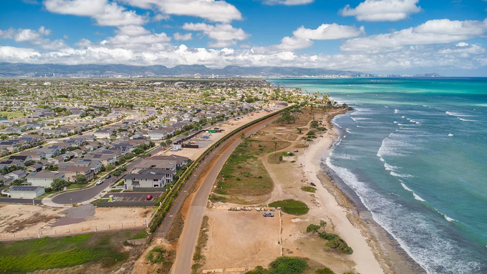 Aerial view of Kekainani homes along the coast above Oneʻula Beach
